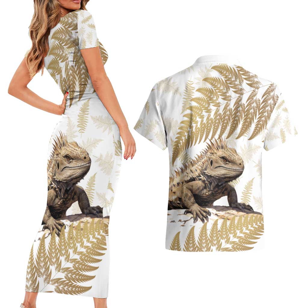 Gold New Zealand Tuatara Couples Matching Short Sleeve Bodycon Dress and Hawaiian Shirt Aotearoa Sphenodon Punctatus Silver Fern LT14 - Polynesian Pride