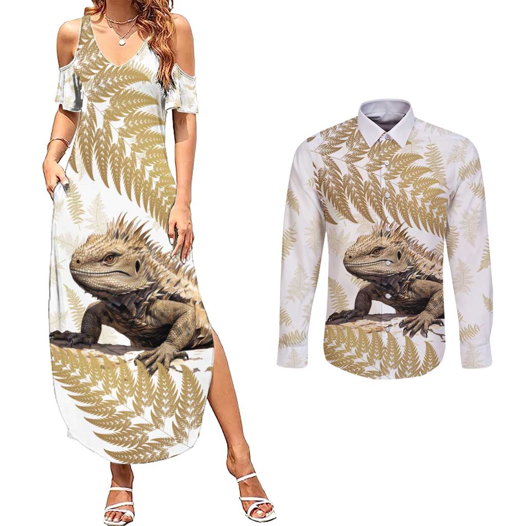 Gold New Zealand Tuatara Couples Matching Summer Maxi Dress and Long Sleeve Button Shirt Aotearoa Sphenodon Punctatus Silver Fern LT14 Gold - Polynesian Pride