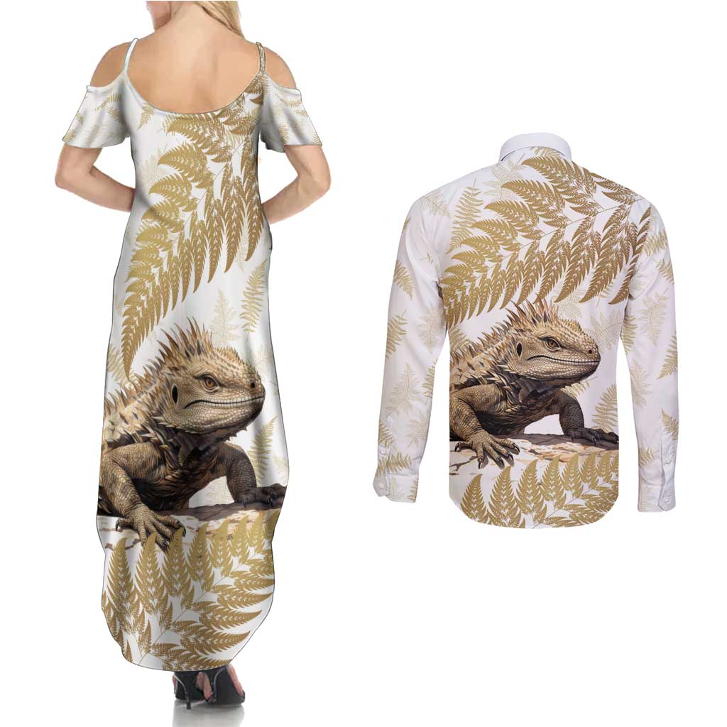 Gold New Zealand Tuatara Couples Matching Summer Maxi Dress and Long Sleeve Button Shirt Aotearoa Sphenodon Punctatus Silver Fern LT14 - Polynesian Pride