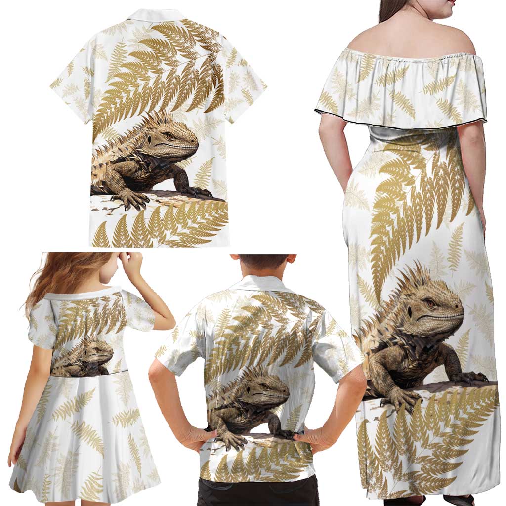 Gold New Zealand Tuatara Family Matching Off Shoulder Maxi Dress and Hawaiian Shirt Aotearoa Sphenodon Punctatus Silver Fern LT14 - Polynesian Pride