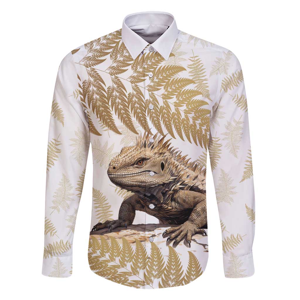 Gold New Zealand Tuatara Family Matching Off Shoulder Maxi Dress and Hawaiian Shirt Aotearoa Sphenodon Punctatus Silver Fern LT14 Dad's Shirt - Long Sleeve Gold - Polynesian Pride