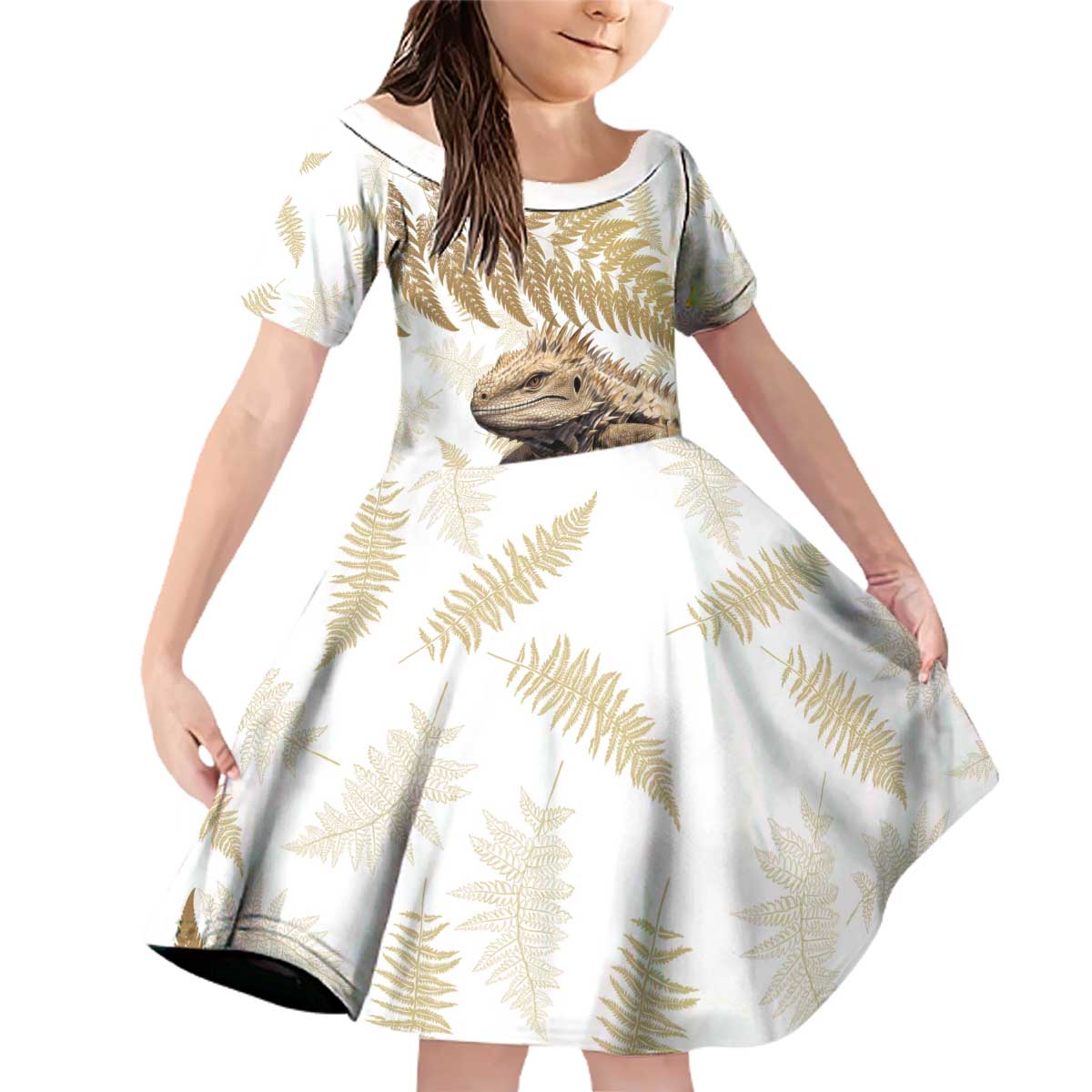 Gold New Zealand Tuatara Family Matching Off Shoulder Short Dress and Hawaiian Shirt Aotearoa Sphenodon Punctatus Silver Fern LT14 Daughter's Dress Gold - Polynesian Pride