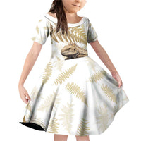 Gold New Zealand Tuatara Family Matching Off Shoulder Short Dress and Hawaiian Shirt Aotearoa Sphenodon Punctatus Silver Fern LT14 Daughter's Dress Gold - Polynesian Pride
