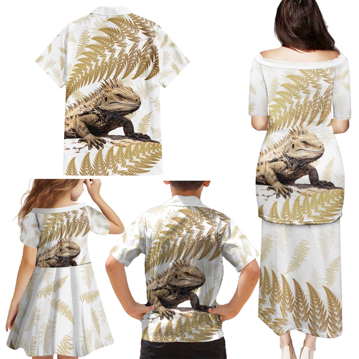 Gold New Zealand Tuatara Family Matching Puletasi and Hawaiian Shirt Aotearoa Sphenodon Punctatus Silver Fern LT14 - Polynesian Pride
