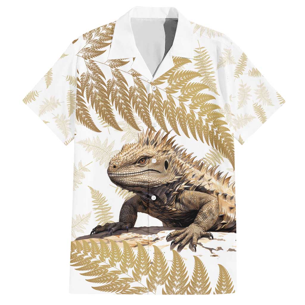 Gold New Zealand Tuatara Family Matching Short Sleeve Bodycon Dress and Hawaiian Shirt Aotearoa Sphenodon Punctatus Silver Fern LT14 Dad's Shirt - Short Sleeve Gold - Polynesian Pride