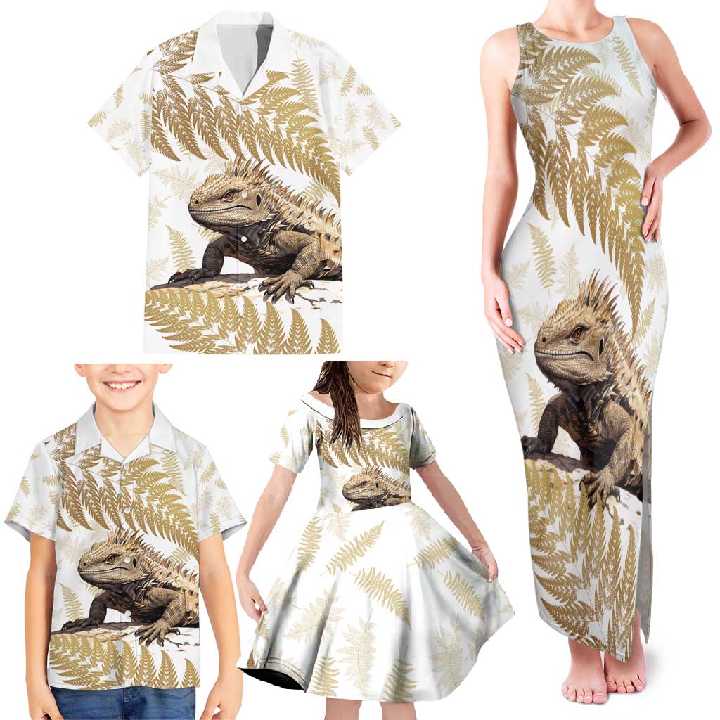 Gold New Zealand Tuatara Family Matching Tank Maxi Dress and Hawaiian Shirt Aotearoa Sphenodon Punctatus Silver Fern LT14 - Polynesian Pride