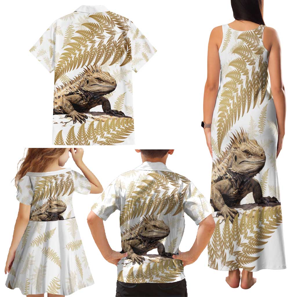 Gold New Zealand Tuatara Family Matching Tank Maxi Dress and Hawaiian Shirt Aotearoa Sphenodon Punctatus Silver Fern LT14 - Polynesian Pride