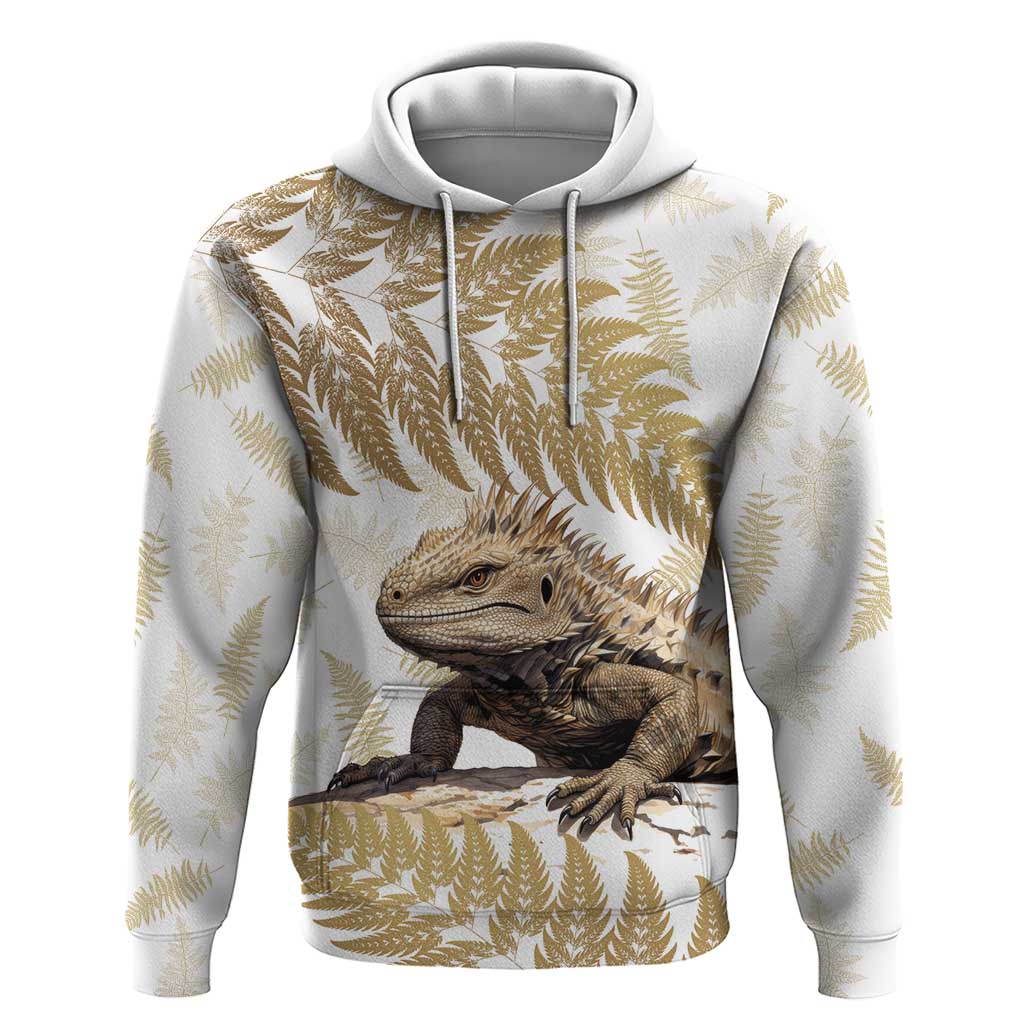 Gold New Zealand Tuatara Hoodie Aotearoa Sphenodon Punctatus Silver Fern LT14 Pullover Hoodie Gold - Polynesian Pride