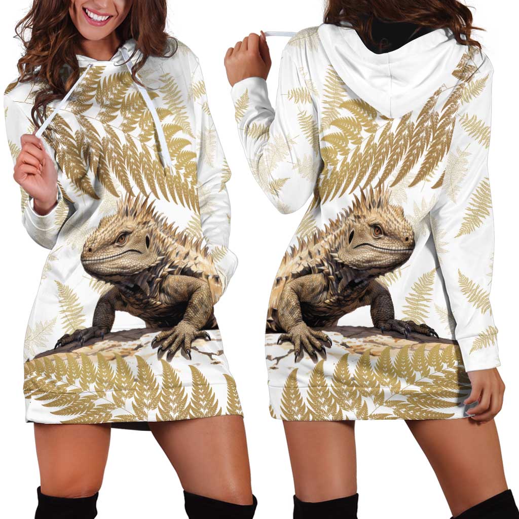 Gold New Zealand Tuatara Hoodie Dress Aotearoa Sphenodon Punctatus Silver Fern LT14 - Polynesian Pride