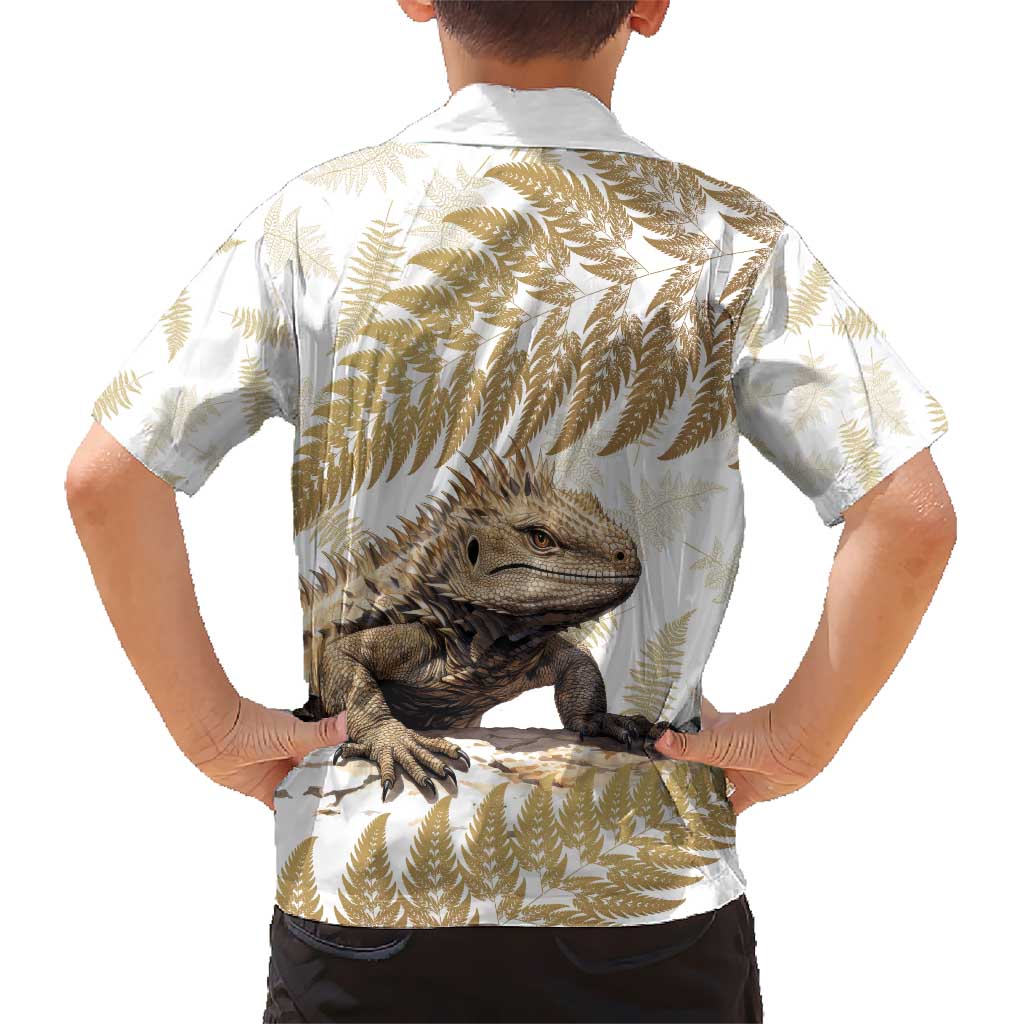 Gold New Zealand Tuatara Kid Hawaiian Shirt Aotearoa Sphenodon Punctatus Silver Fern LT14 - Polynesian Pride