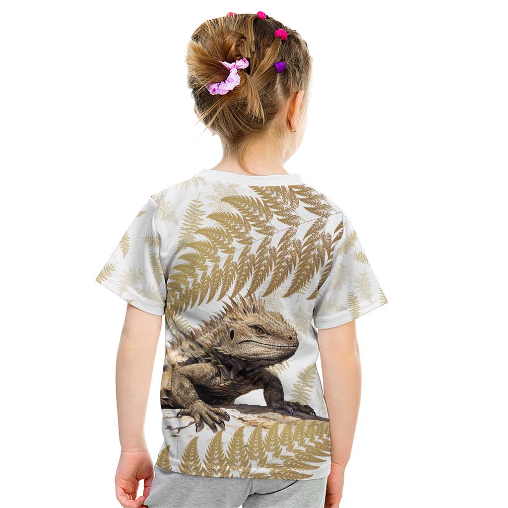 Gold New Zealand Tuatara Kid T Shirt Aotearoa Sphenodon Punctatus Silver Fern LT14 - Polynesian Pride