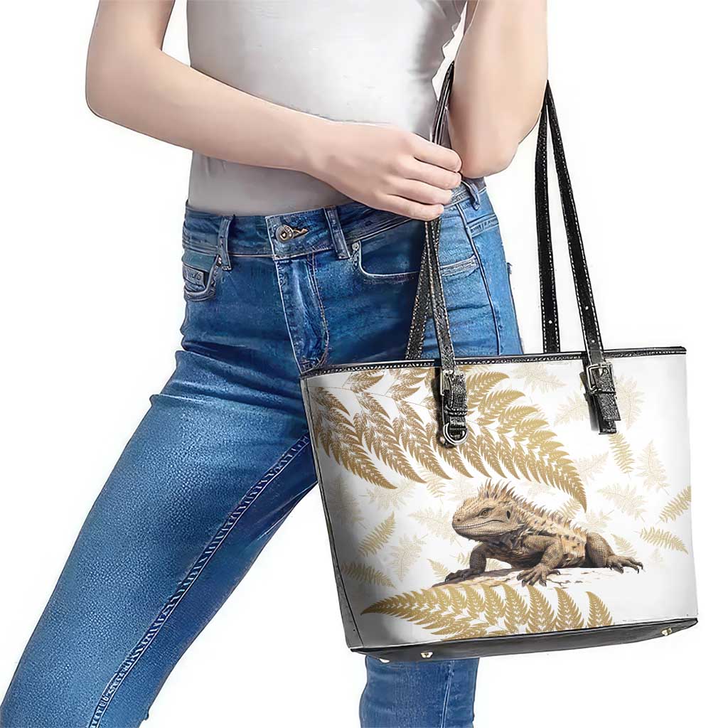 Gold New Zealand Tuatara Leather Tote Bag Aotearoa Sphenodon Punctatus Silver Fern LT14 - Polynesian Pride