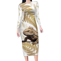 Gold New Zealand Tuatara Long Sleeve Bodycon Dress Aotearoa Sphenodon Punctatus Silver Fern LT14 Long Dress Gold - Polynesian Pride