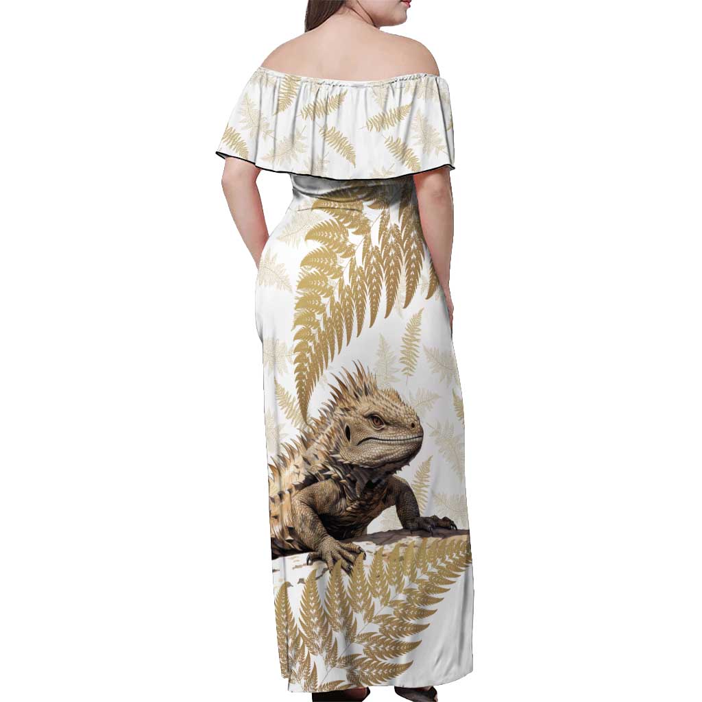 Gold New Zealand Tuatara Off Shoulder Maxi Dress Aotearoa Sphenodon Punctatus Silver Fern LT14 - Polynesian Pride