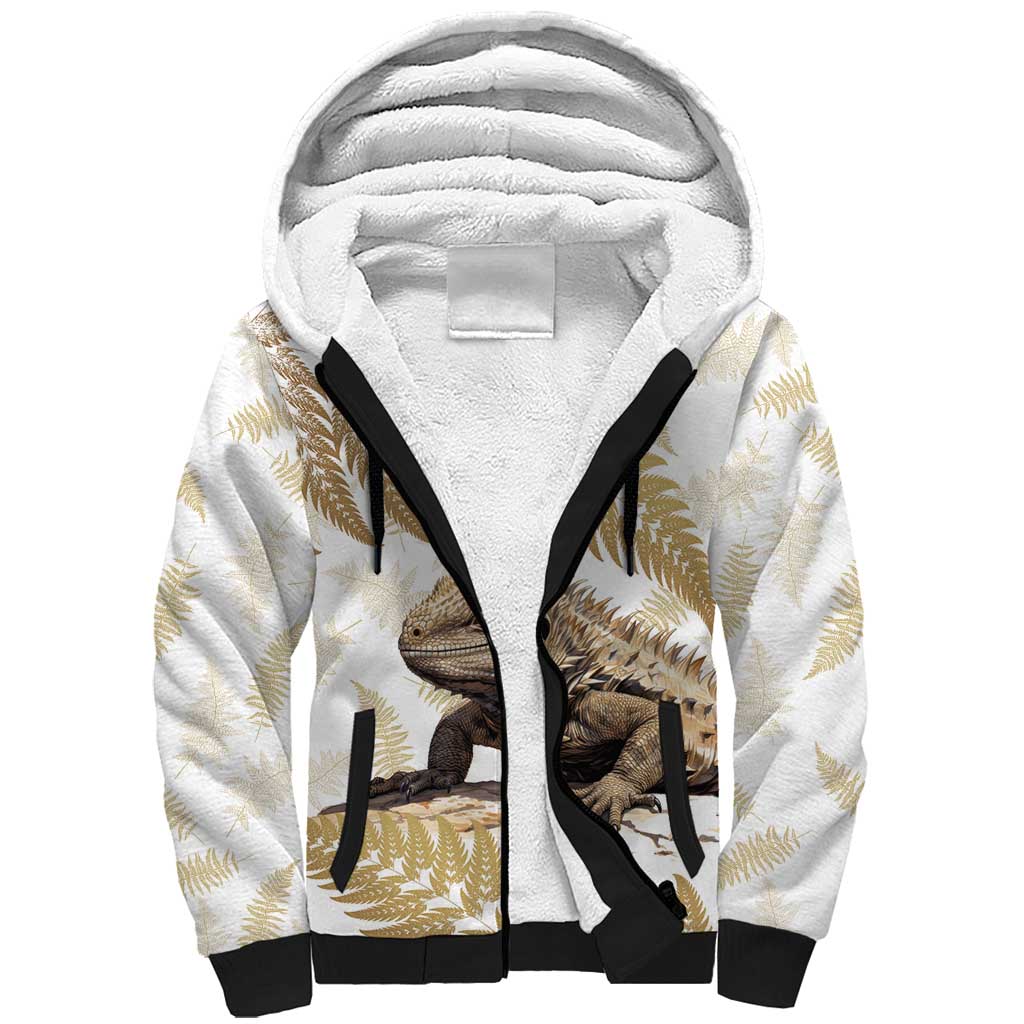 Gold New Zealand Tuatara Sherpa Hoodie Aotearoa Sphenodon Punctatus Silver Fern LT14 Unisex Gold - Polynesian Pride
