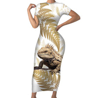 Gold New Zealand Tuatara Short Sleeve Bodycon Dress Aotearoa Sphenodon Punctatus Silver Fern LT14 Long Dress Gold - Polynesian Pride