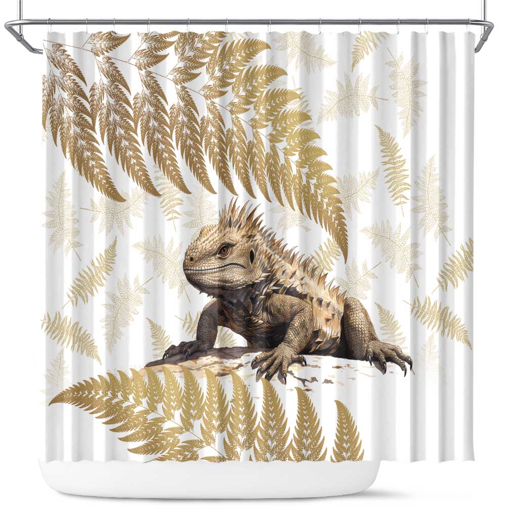 Gold New Zealand Tuatara Shower Curtain Aotearoa Sphenodon Punctatus Silver Fern LT14 Gold - Polynesian Pride
