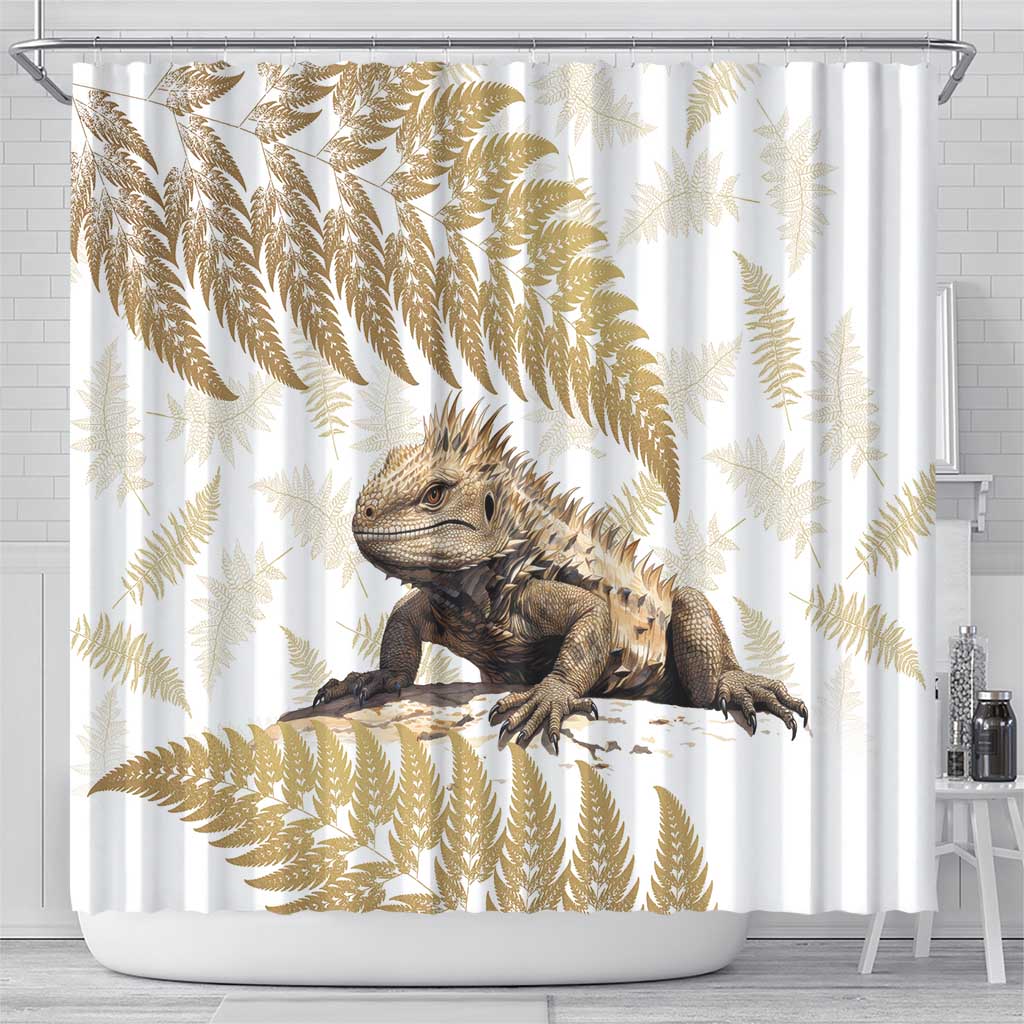 Gold New Zealand Tuatara Shower Curtain Aotearoa Sphenodon Punctatus Silver Fern LT14 - Polynesian Pride