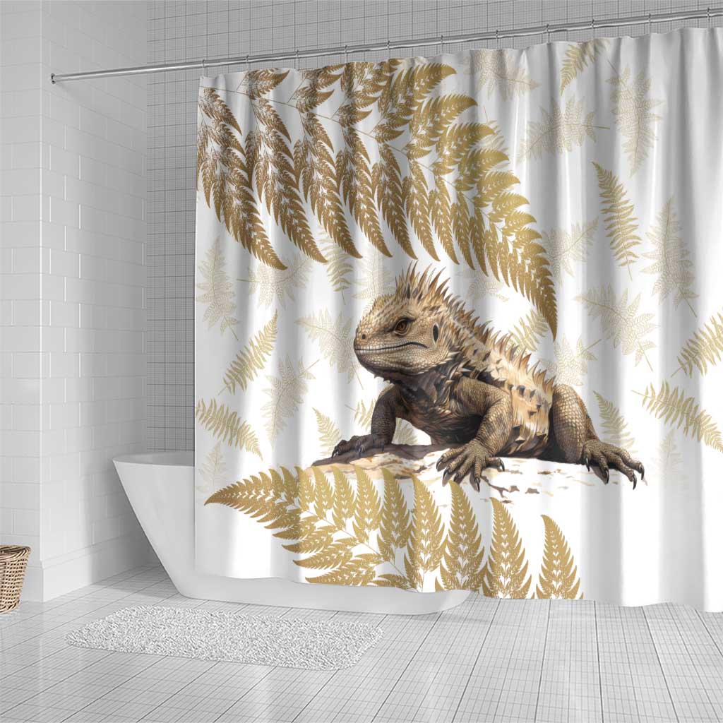 Gold New Zealand Tuatara Shower Curtain Aotearoa Sphenodon Punctatus Silver Fern LT14 - Polynesian Pride