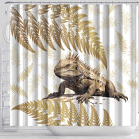 Gold New Zealand Tuatara Shower Curtain Aotearoa Sphenodon Punctatus Silver Fern LT14 - Polynesian Pride