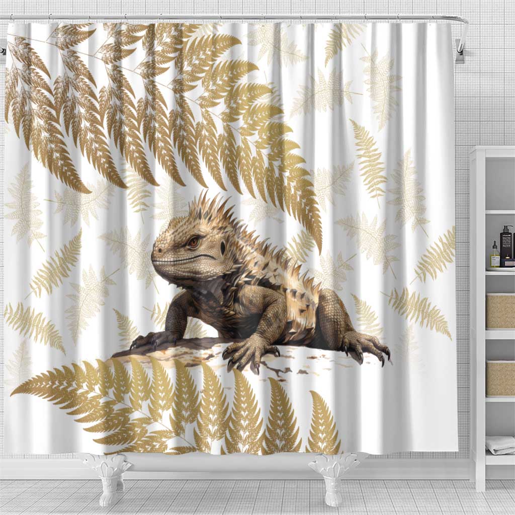 Gold New Zealand Tuatara Shower Curtain Aotearoa Sphenodon Punctatus Silver Fern LT14 - Polynesian Pride