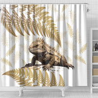 Gold New Zealand Tuatara Shower Curtain Aotearoa Sphenodon Punctatus Silver Fern LT14 - Polynesian Pride