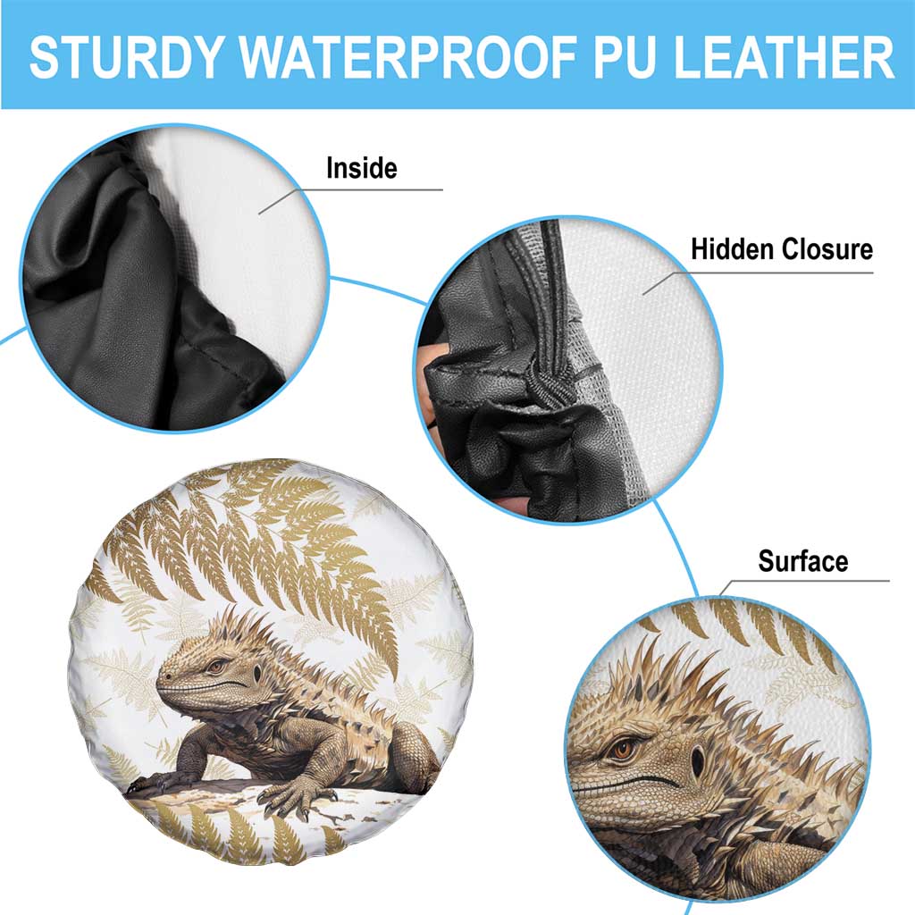 Gold New Zealand Tuatara Spare Tire Cover Aotearoa Sphenodon Punctatus Silver Fern LT14 - Polynesian Pride