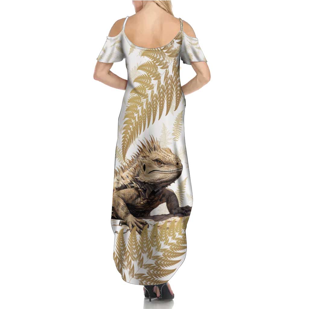 Gold New Zealand Tuatara Summer Maxi Dress Aotearoa Sphenodon Punctatus Silver Fern LT14 - Polynesian Pride
