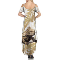 Gold New Zealand Tuatara Summer Maxi Dress Aotearoa Sphenodon Punctatus Silver Fern LT14 - Polynesian Pride