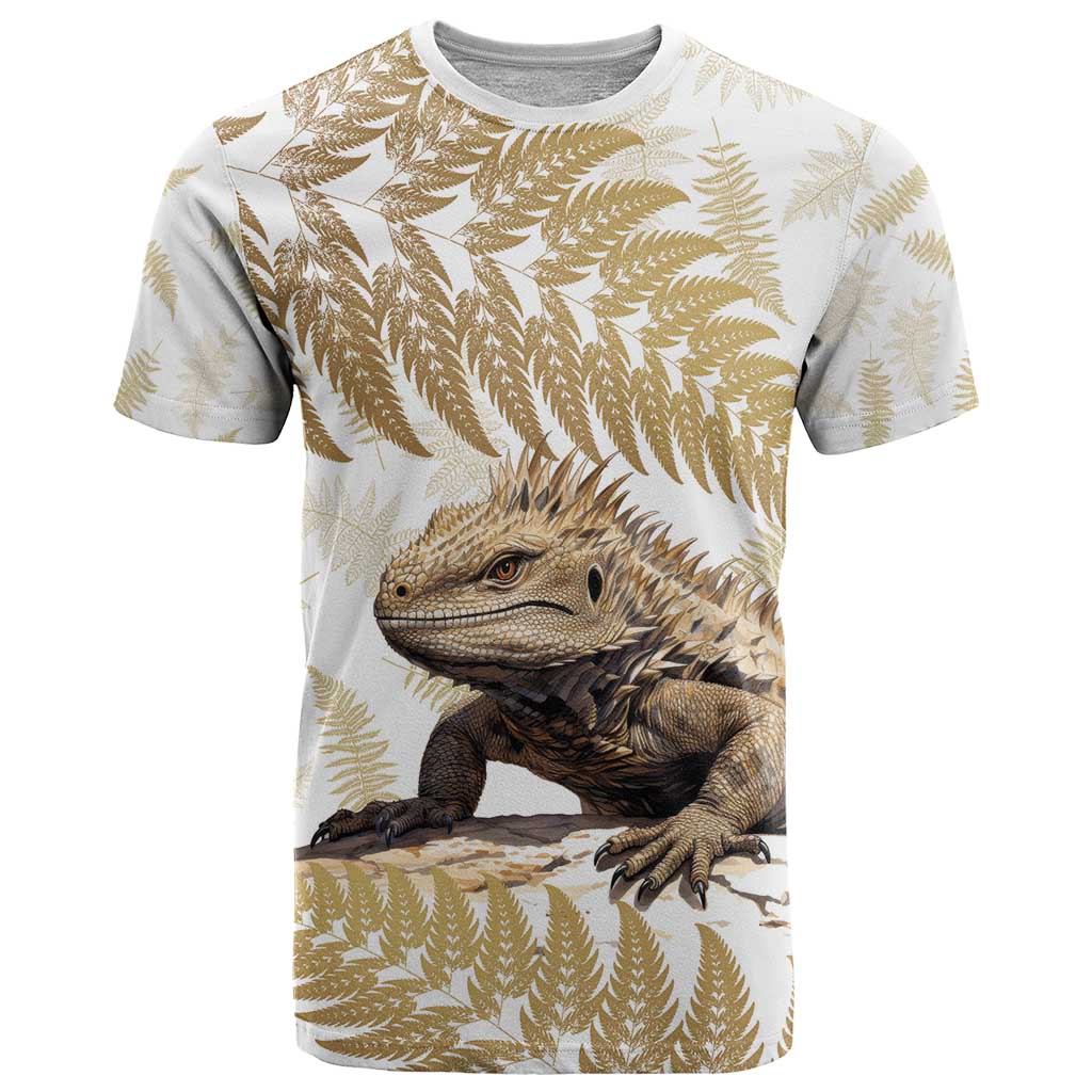 Gold New Zealand Tuatara T Shirt Aotearoa Sphenodon Punctatus Silver Fern LT14 Gold - Polynesian Pride