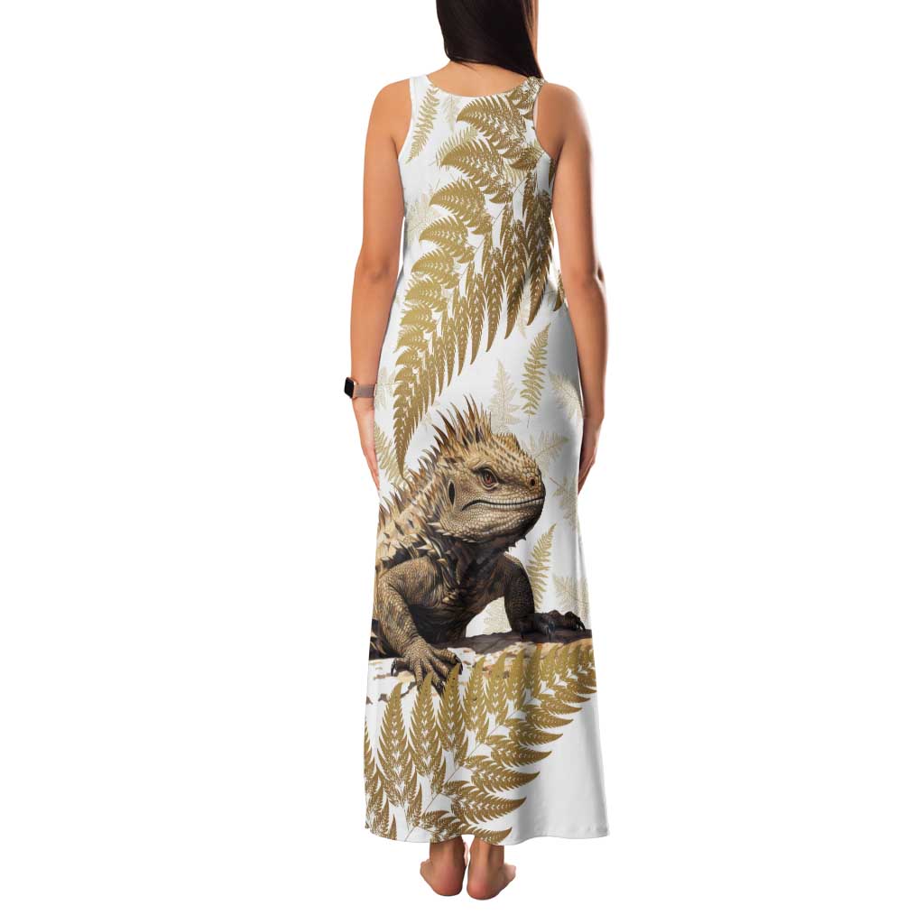 Gold New Zealand Tuatara Tank Maxi Dress Aotearoa Sphenodon Punctatus Silver Fern LT14 - Polynesian Pride