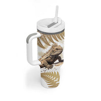 Gold New Zealand Tuatara Tumbler With Handle Aotearoa Sphenodon Punctatus Silver Fern LT14 - Polynesian Pride