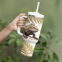 Gold New Zealand Tuatara Tumbler With Handle Aotearoa Sphenodon Punctatus Silver Fern LT14 - Polynesian Pride