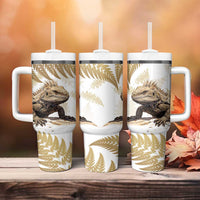 Gold New Zealand Tuatara Tumbler With Handle Aotearoa Sphenodon Punctatus Silver Fern LT14 - Polynesian Pride