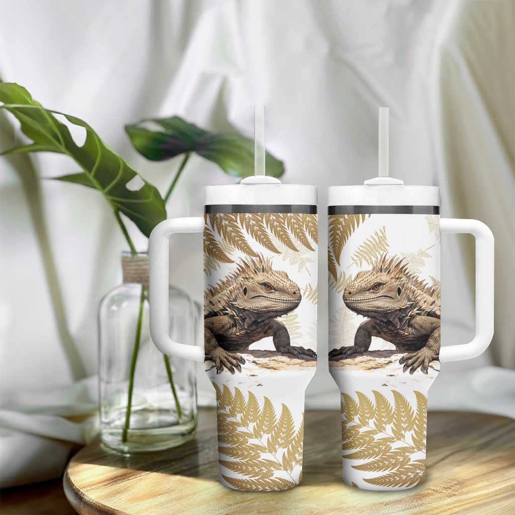 Gold New Zealand Tuatara Tumbler With Handle Aotearoa Sphenodon Punctatus Silver Fern LT14 - Polynesian Pride