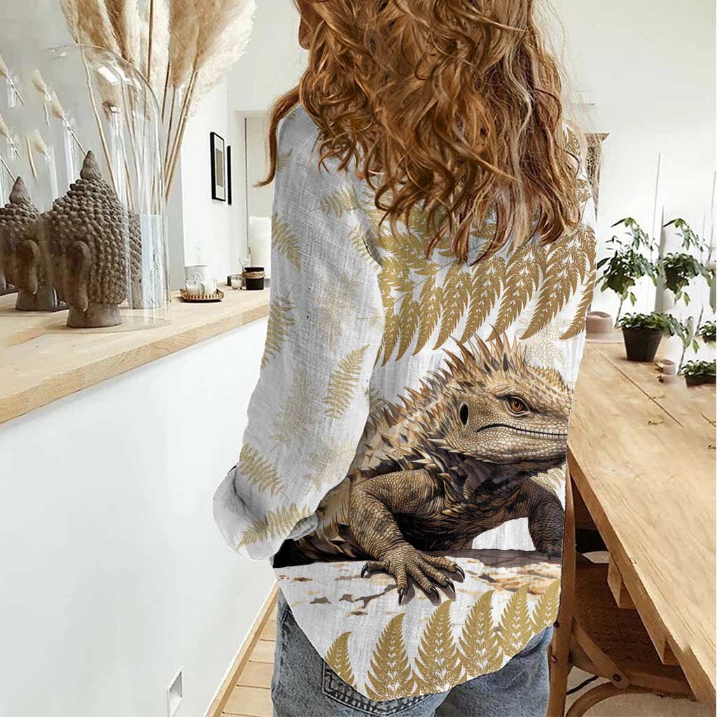 Gold New Zealand Tuatara Women Casual Shirt Aotearoa Sphenodon Punctatus Silver Fern