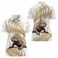 Gold New Zealand Tuatara Women Polo Shirt Aotearoa Sphenodon Punctatus Silver Fern LT14 - Polynesian Pride