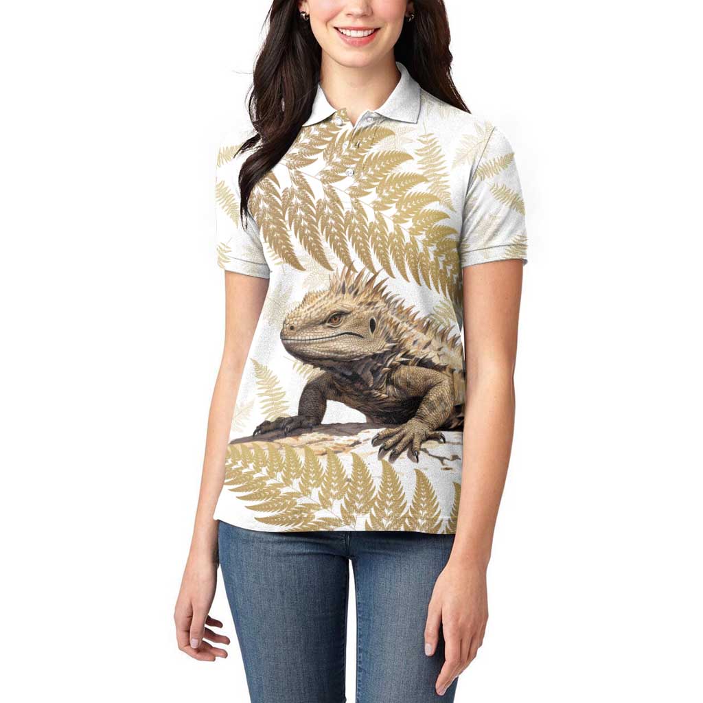 Gold New Zealand Tuatara Women Polo Shirt Aotearoa Sphenodon Punctatus Silver Fern LT14 - Polynesian Pride