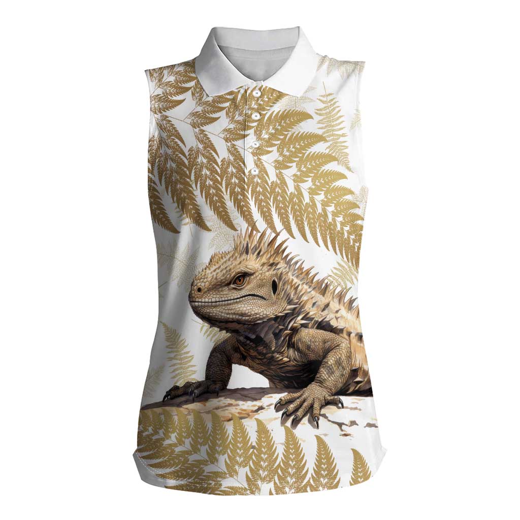Gold New Zealand Tuatara Women Sleeveless Polo Shirt Aotearoa Sphenodon Punctatus Silver Fern LT14 Female Gold - Polynesian Pride