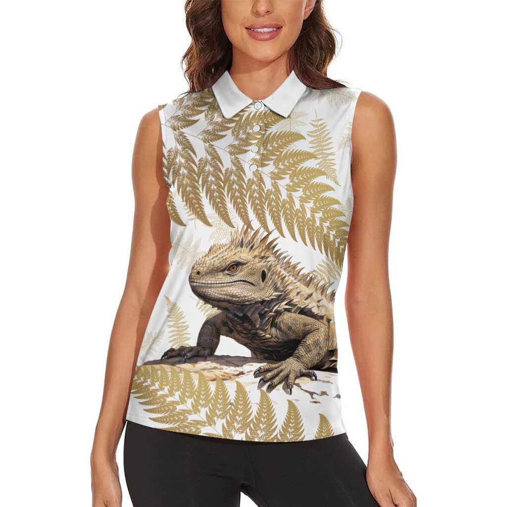 Gold New Zealand Tuatara Women Sleeveless Polo Shirt Aotearoa Sphenodon Punctatus Silver Fern LT14 - Polynesian Pride