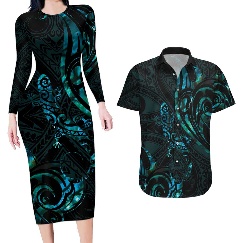 New Zealand Skink Couples Matching Long Sleeve Bodycon Dress and Hawaiian Shirt Aotearoa Maori Mix Paua Shell LT14 Blue - Polynesian Pride