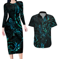 New Zealand Skink Couples Matching Long Sleeve Bodycon Dress and Hawaiian Shirt Aotearoa Maori Mix Paua Shell LT14 Blue - Polynesian Pride