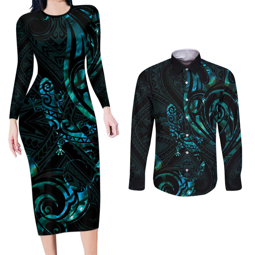 New Zealand Skink Couples Matching Long Sleeve Bodycon Dress and Long Sleeve Button Shirt Aotearoa Maori Mix Paua Shell LT14 Blue - Polynesian Pride