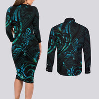 New Zealand Skink Couples Matching Long Sleeve Bodycon Dress and Long Sleeve Button Shirt Aotearoa Maori Mix Paua Shell LT14 - Polynesian Pride