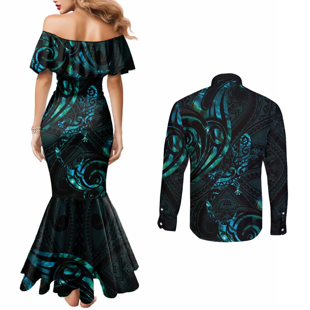 New Zealand Skink Couples Matching Mermaid Dress and Long Sleeve Button Shirt Aotearoa Maori Mix Paua Shell LT14 - Polynesian Pride