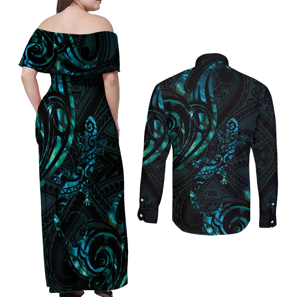 New Zealand Skink Couples Matching Off Shoulder Maxi Dress and Long Sleeve Button Shirt Aotearoa Maori Mix Paua Shell LT14 - Polynesian Pride