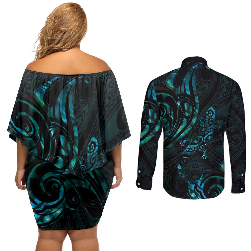 New Zealand Skink Couples Matching Off Shoulder Short Dress and Long Sleeve Button Shirt Aotearoa Maori Mix Paua Shell LT14 - Polynesian Pride