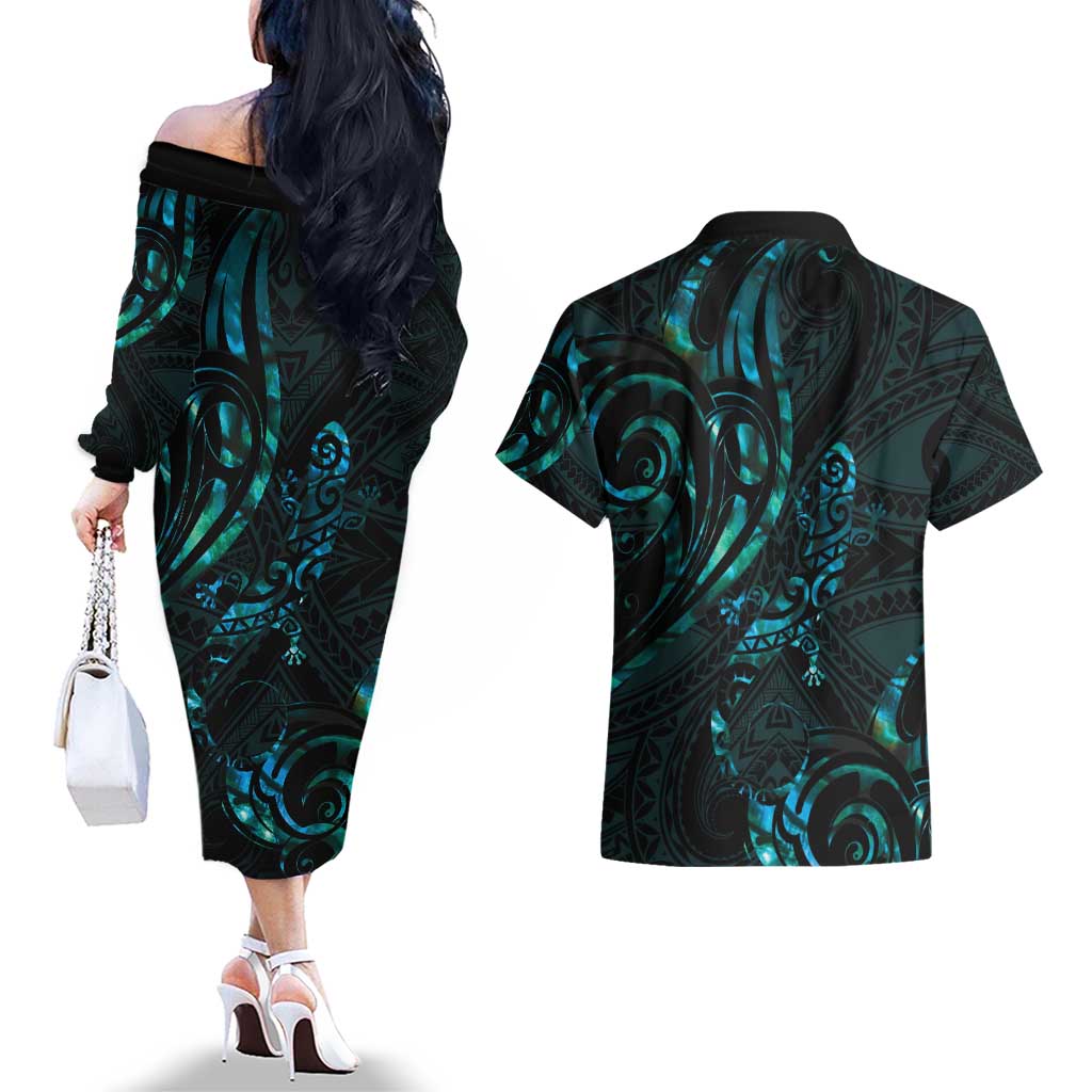 New Zealand Skink Couples Matching Off The Shoulder Long Sleeve Dress and Hawaiian Shirt Aotearoa Maori Mix Paua Shell LT14 - Polynesian Pride