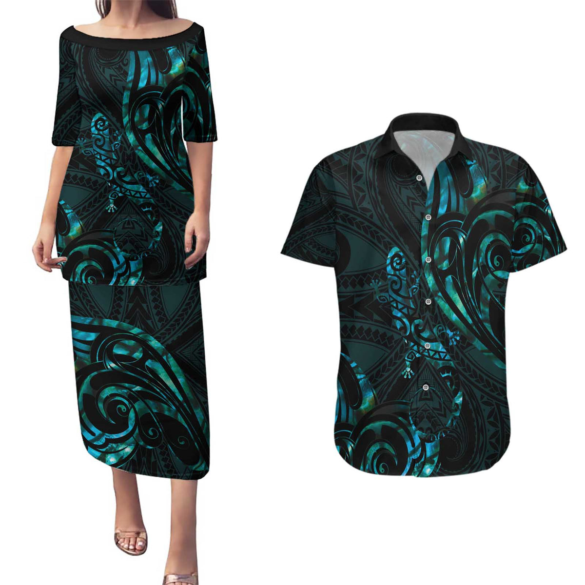 New Zealand Skink Couples Matching Puletasi and Hawaiian Shirt Aotearoa Maori Mix Paua Shell LT14 Blue - Polynesian Pride