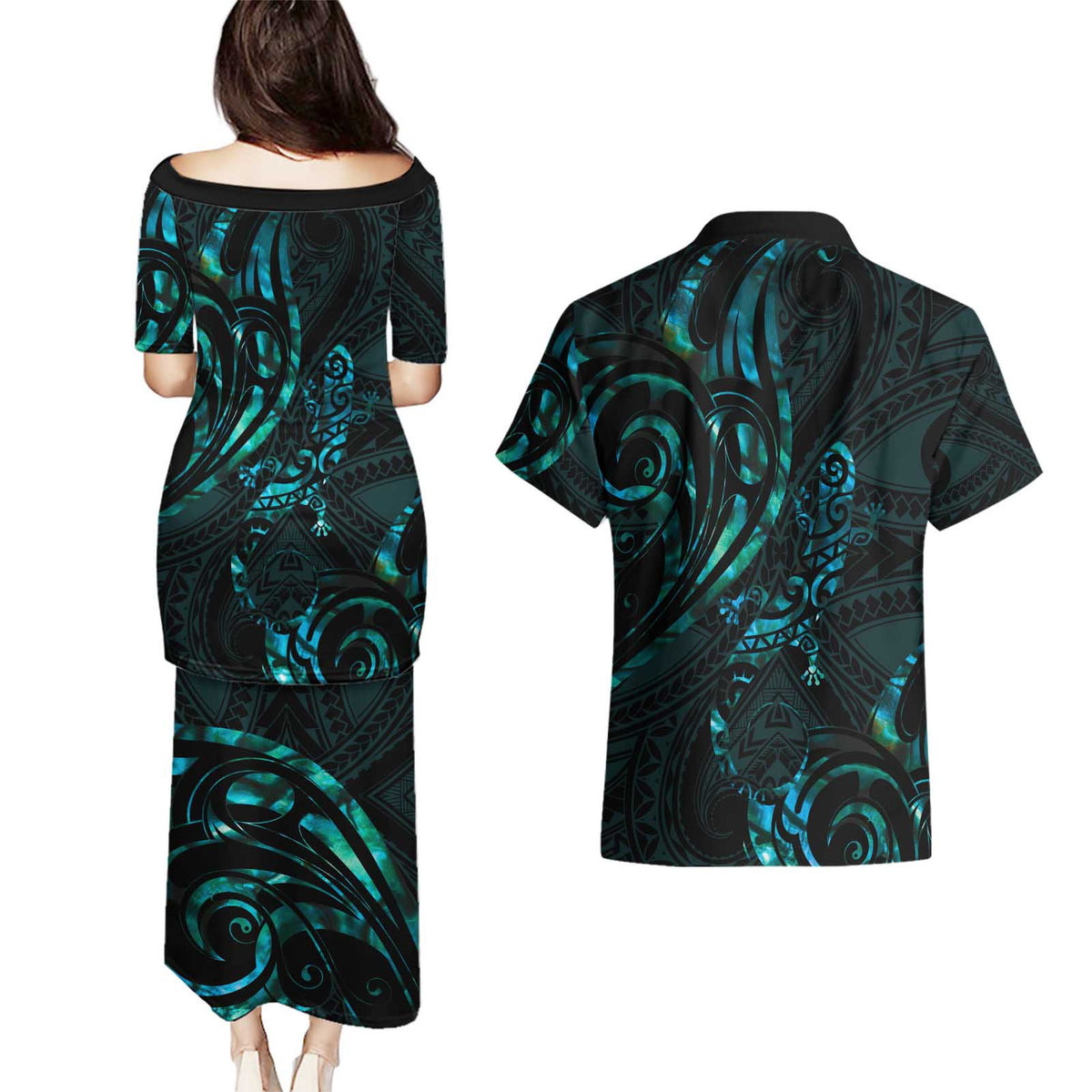 New Zealand Skink Couples Matching Puletasi and Hawaiian Shirt Aotearoa Maori Mix Paua Shell LT14 - Polynesian Pride